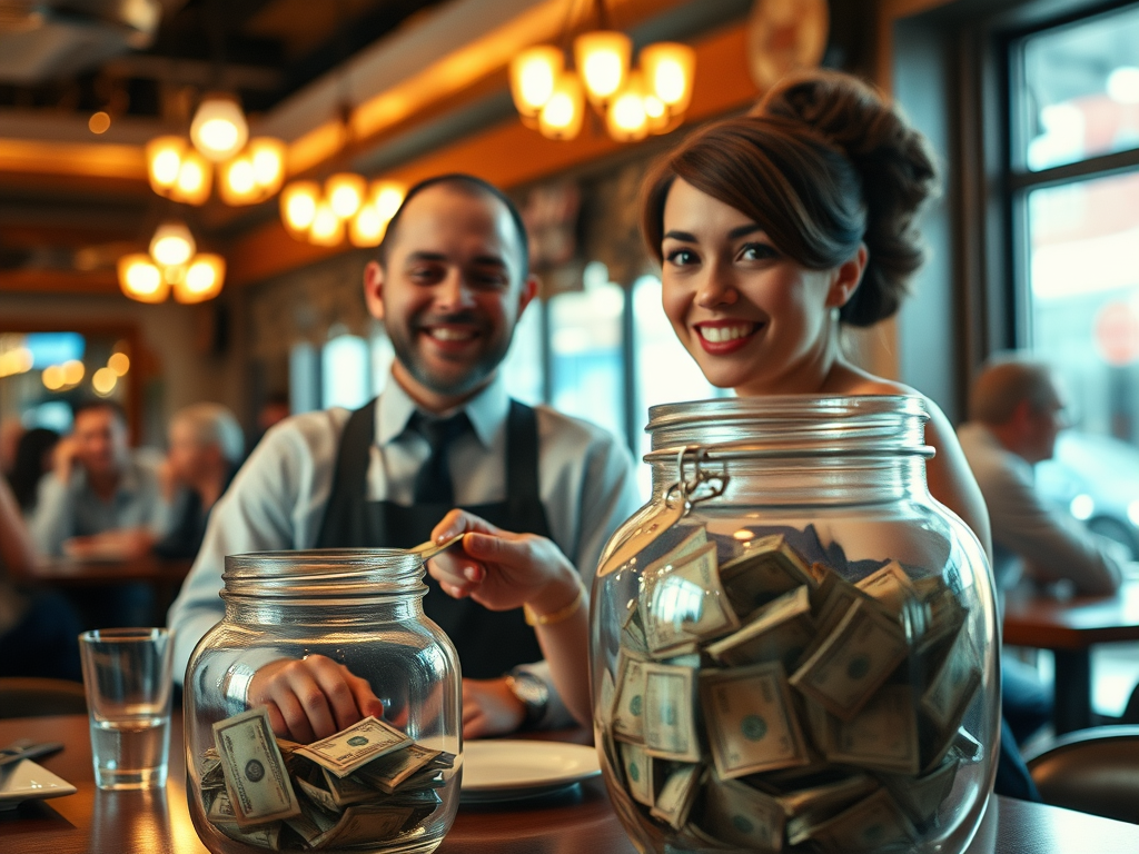 Restaurant workers smiling with large tip jars filled with cash, representing the new No Tax on Tips deduction.